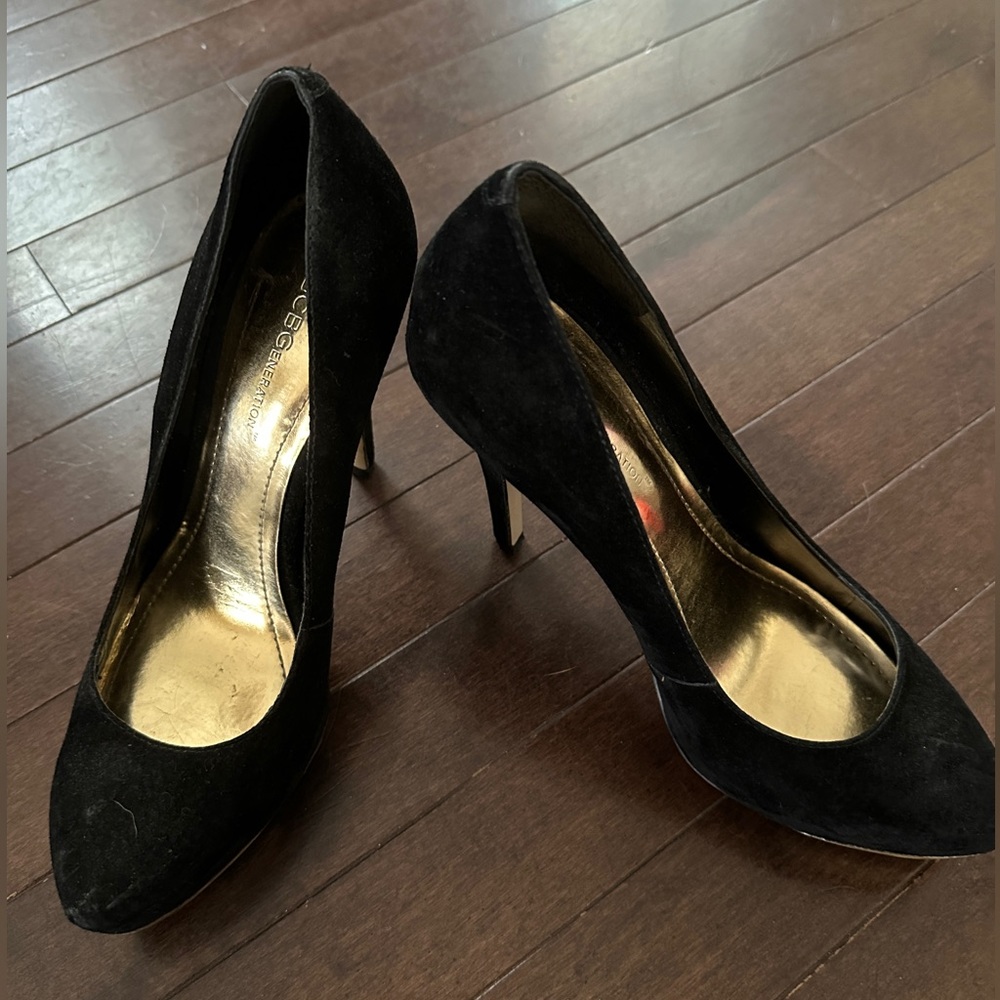 BCBG heels - black suede w/ gold detail. Only worn a few times, great condition